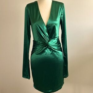 Emerald Green Mini Dress - Shoulder Pads & Long Slit Sleeve